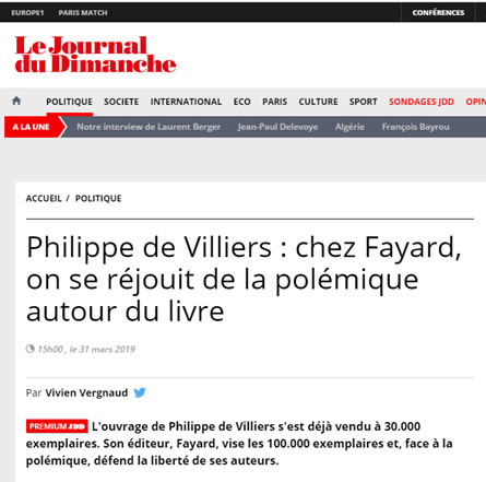 Capture ecran article livre Philippe de Villiers